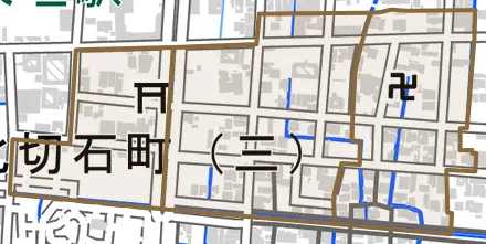北切石町とその周辺の地図。町の範囲を重ねている