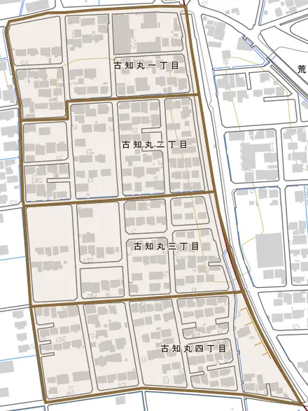 古知丸とその周辺の地図。町の範囲を重ねている