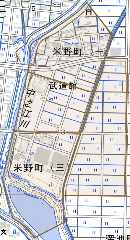 米野町とその周辺の地図。町の範囲を重ねている