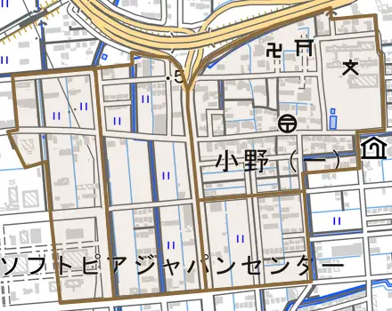 小野とその周辺の地図。町の範囲を重ねている