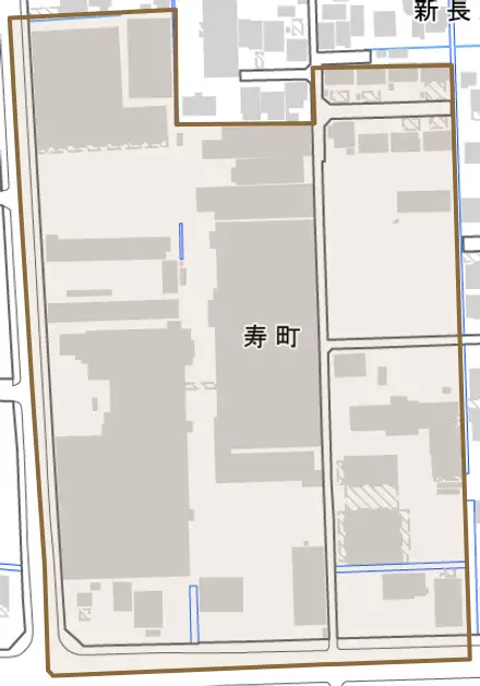 寿町とその周辺の地図。町の範囲を重ねている