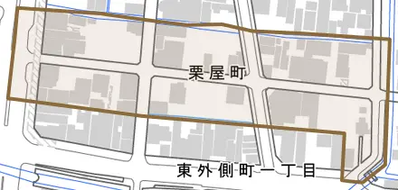 栗屋町とその周辺の地図。町の範囲を重ねている