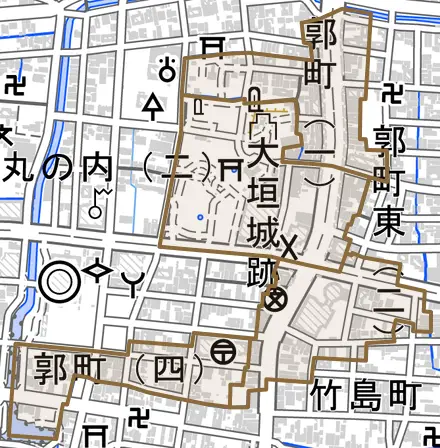 郭町とその周辺の地図。町の範囲を重ねている