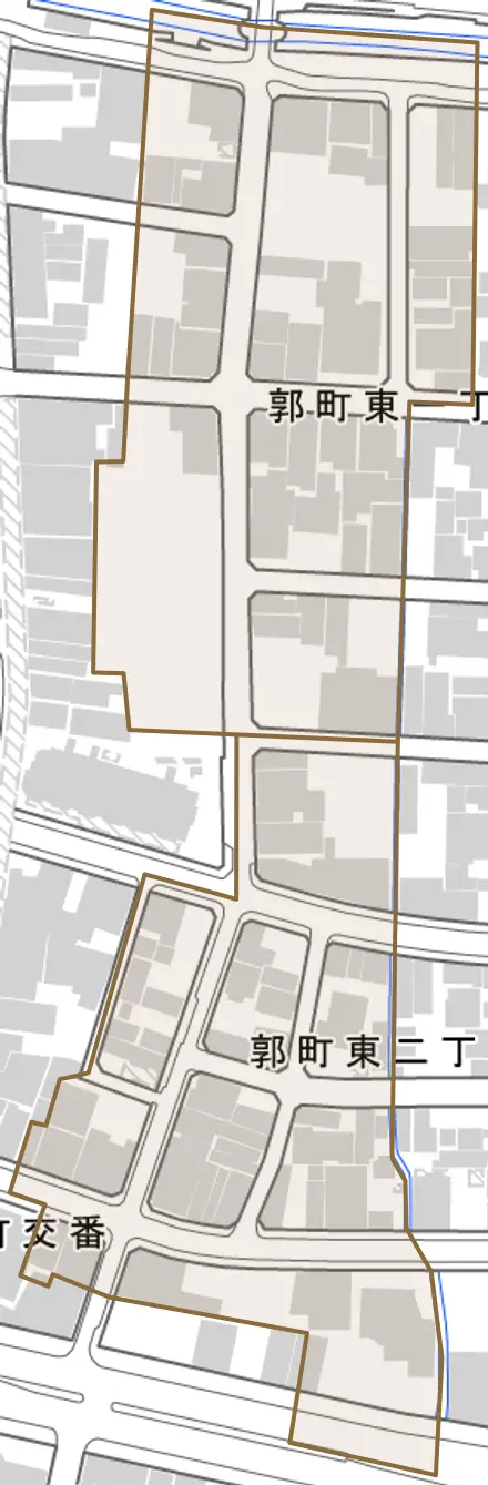 郭町東とその周辺の地図。町の範囲を重ねている
