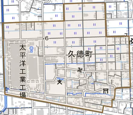 久徳町とその周辺の地図。町の範囲を重ねている
