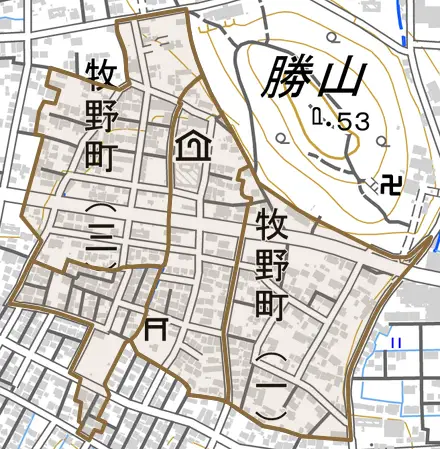牧野町とその周辺の地図。町の範囲を重ねている
