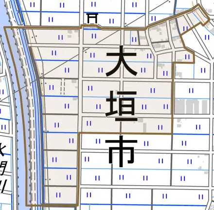 牧新田町とその周辺の地図。町の範囲を重ねている