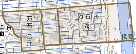 万石とその周辺の地図。町の範囲を重ねている