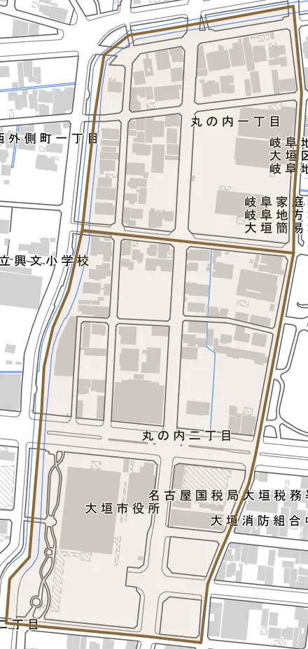 丸の内とその周辺の地図。町の範囲を重ねている