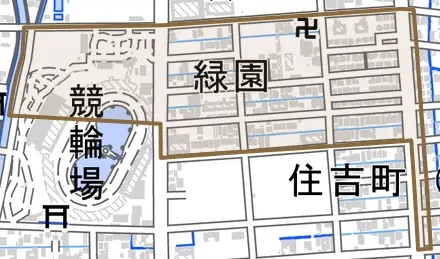 緑園とその周辺の地図。町の範囲を重ねている