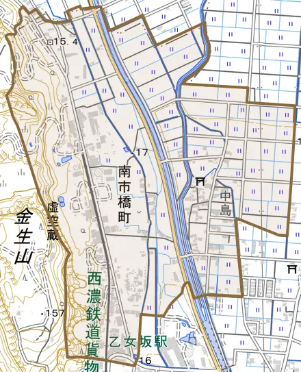 南市橋町とその周辺の地図。町の範囲を重ねている