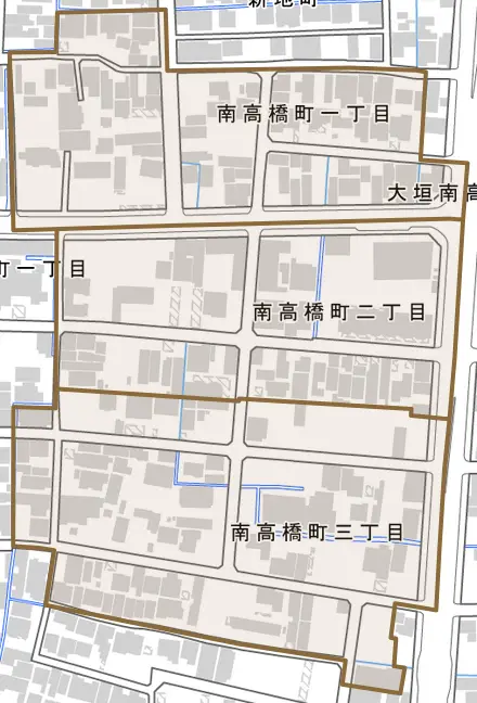 南高橋町とその周辺の地図。町の範囲を重ねている