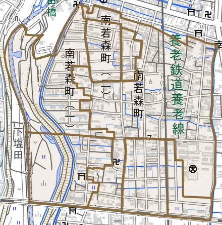 南若森町とその周辺の地図。町の範囲を重ねている