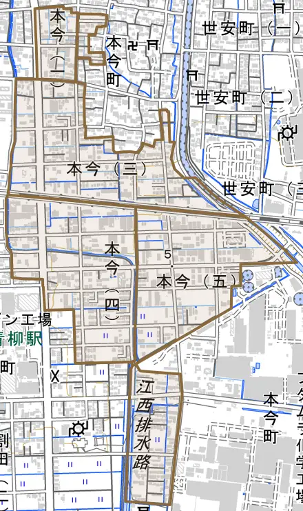 本今とその周辺の地図。町の範囲を重ねている