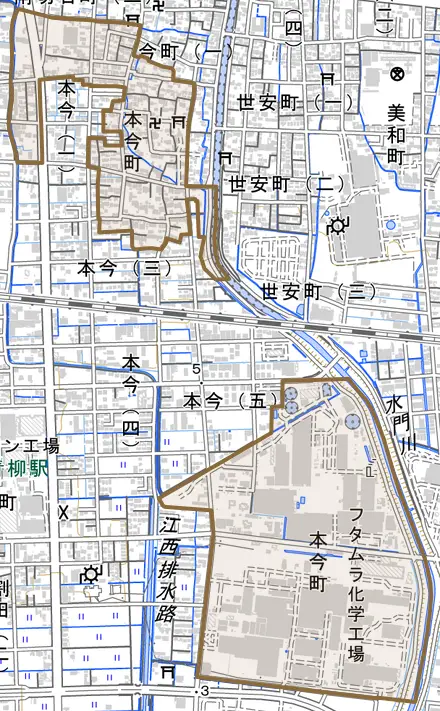 本今町とその周辺の地図。町の範囲を重ねている