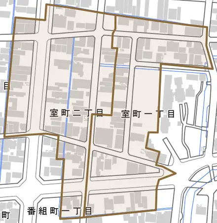 室町とその周辺の地図。町の範囲を重ねている