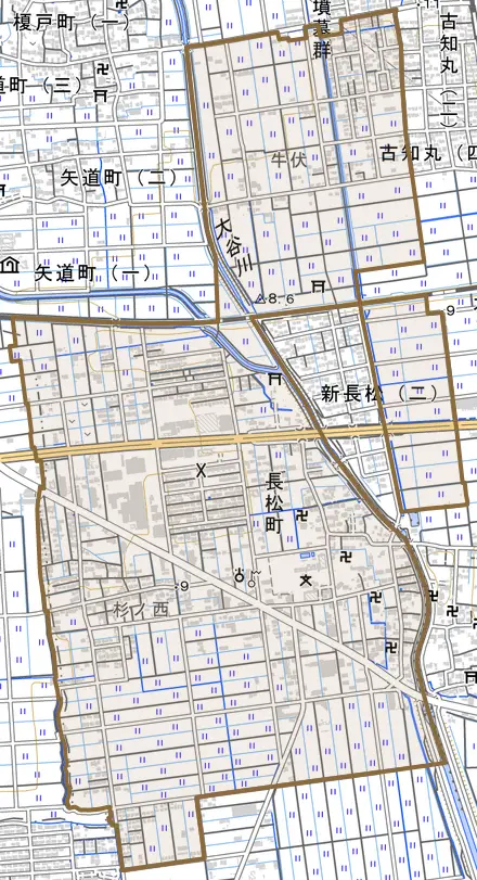 長松町とその周辺の地図。町の範囲を重ねている