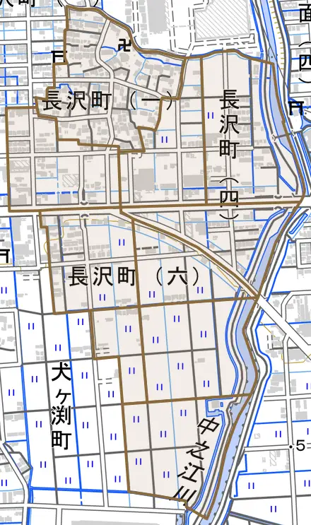 長沢町とその周辺の地図。町の範囲を重ねている
