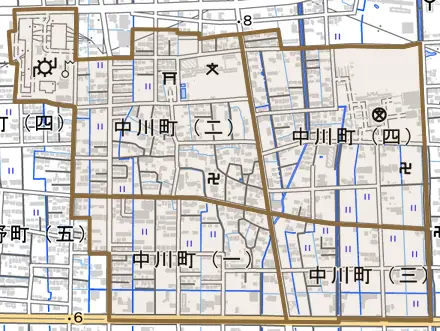 中川町とその周辺の地図。町の範囲を重ねている