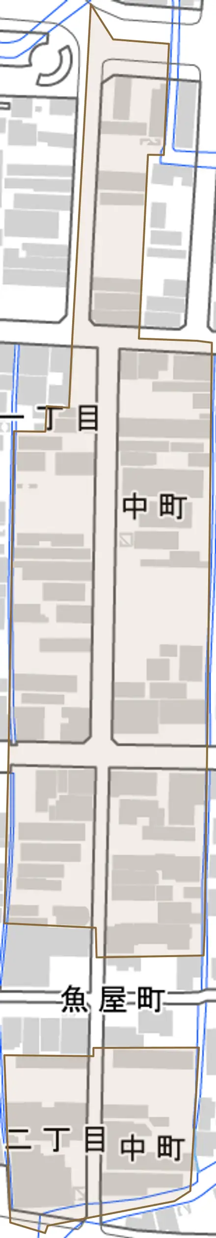 中町とその周辺の地図。町の範囲を重ねている