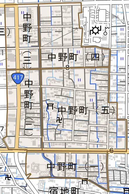 中野町とその周辺の地図。町の範囲を重ねている