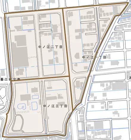 中ノ江とその周辺の地図。町の範囲を重ねている