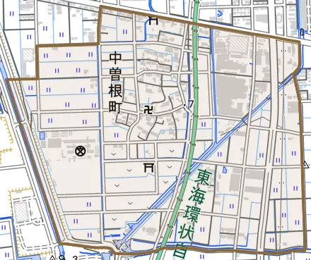 中曽根町とその周辺の地図。町の範囲を重ねている