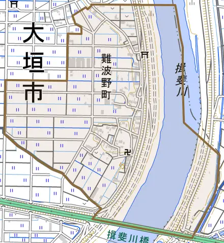 難波野町とその周辺の地図。町の範囲を重ねている