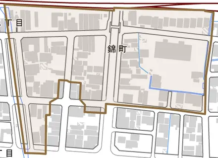 錦町とその周辺の地図。町の範囲を重ねている