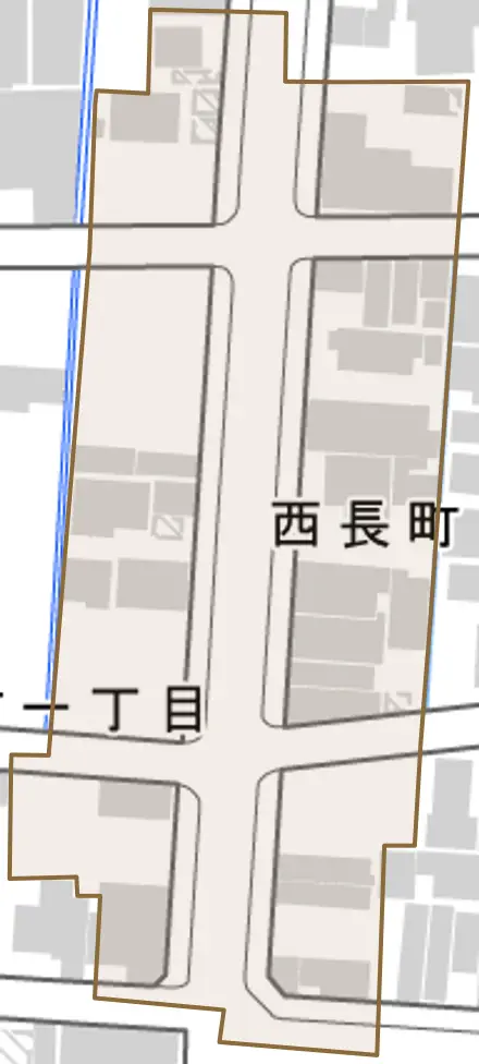 西長町とその周辺の地図。町の範囲を重ねている