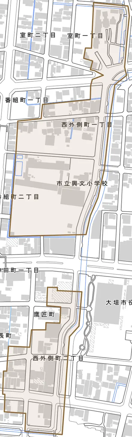 西外側町とその周辺の地図。町の範囲を重ねている