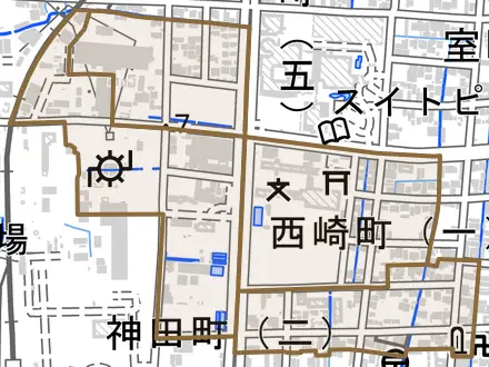 西崎町とその周辺の地図。町の範囲を重ねている