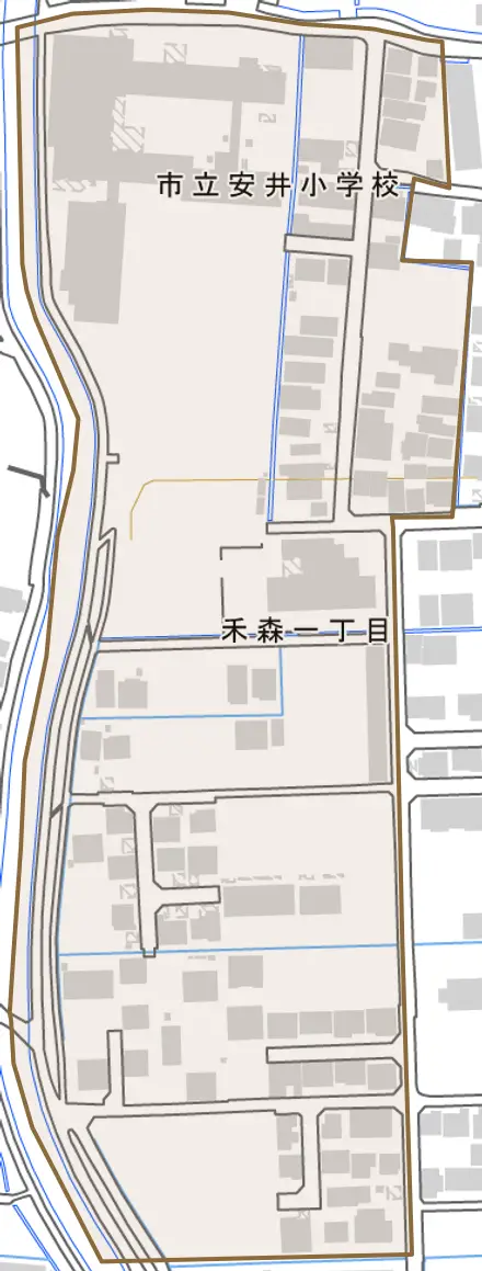 禾森とその周辺の地図。町の範囲を重ねている