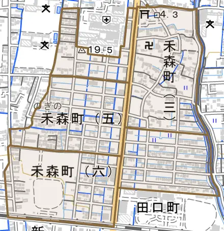 禾森町とその周辺の地図。町の範囲を重ねている