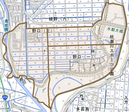 野口とその周辺の地図。町の範囲を重ねている