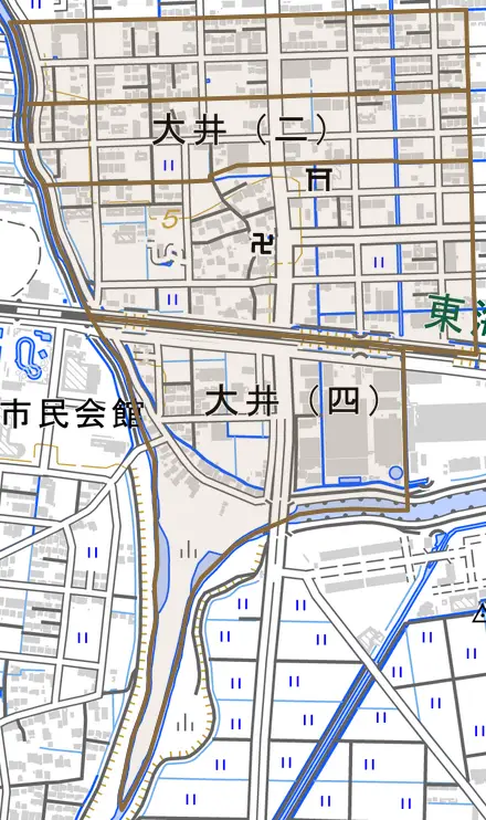 大井とその周辺の地図。町の範囲を重ねている