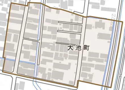 大池町とその周辺の地図。町の範囲を重ねている