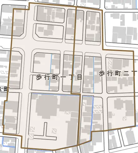 歩行町とその周辺の地図。町の範囲を重ねている