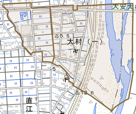 大村とその周辺の地図。町の範囲を重ねている