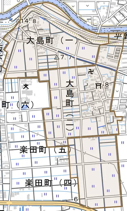 大島町とその周辺の地図。町の範囲を重ねている
