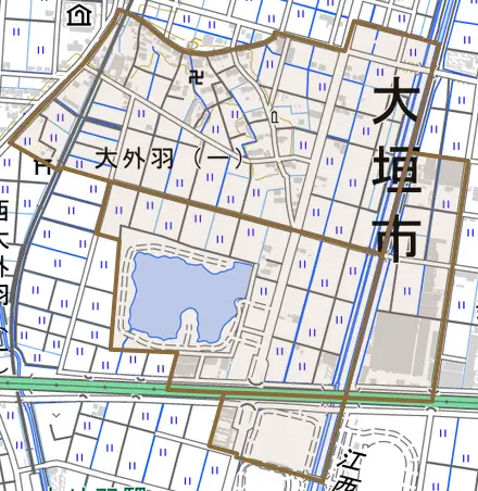 大外羽とその周辺の地図。町の範囲を重ねている