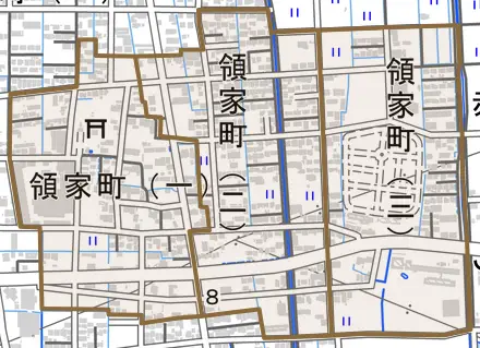 領家町とその周辺の地図。町の範囲を重ねている