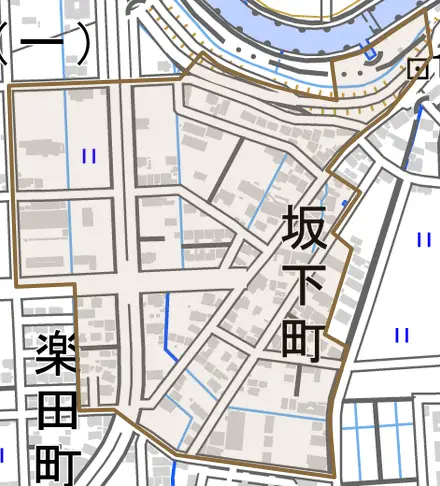 坂下町とその周辺の地図。町の範囲を重ねている