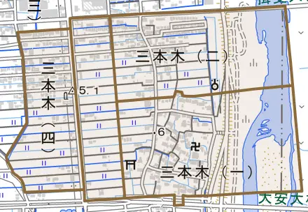 三本木とその周辺の地図。町の範囲を重ねている