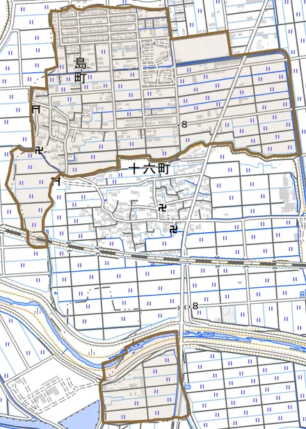 島町とその周辺の地図。町の範囲を重ねている