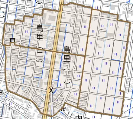 島里とその周辺の地図。町の範囲を重ねている