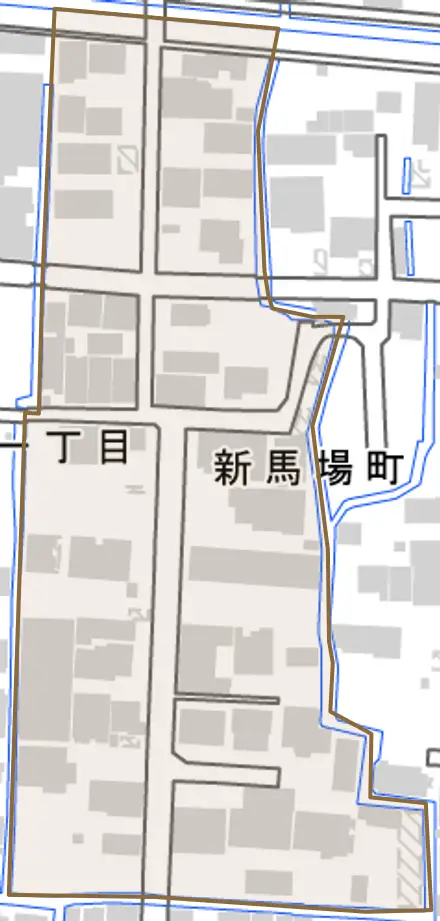 新馬場町とその周辺の地図。町の範囲を重ねている