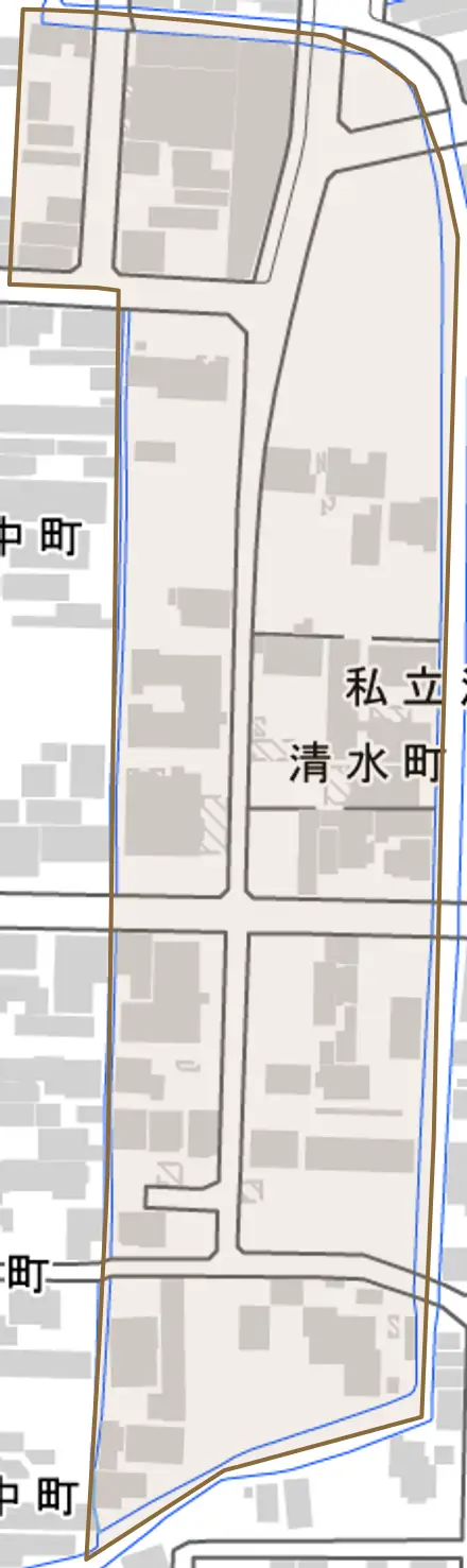 清水町とその周辺の地図。町の範囲を重ねている