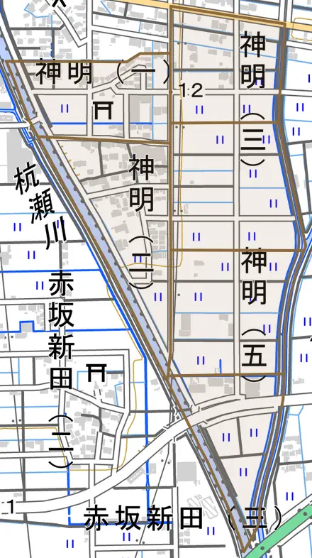 神明とその周辺の地図。町の範囲を重ねている