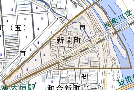 新開町とその周辺の地図。町の範囲を重ねている